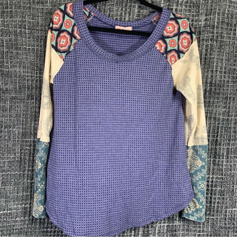 Ces Femme Waffle Knit Body & Fitted Sleeve Blouse Size Small #748